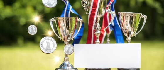 Shiny trophies and medals with vibrant ribbons, symbolizing victory and achievement in sports and competitions.