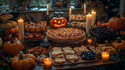 A realistic photo of a Halloween feast with a table full of themed treats, candles, and spooky decorations, all set in a dimly lit room 