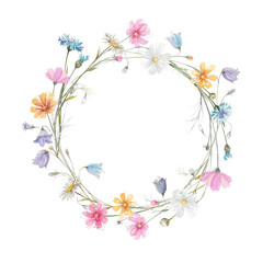 Hand drawn watercolor wildflowers round frame illustration. Cute floral wreath with buds and leaves