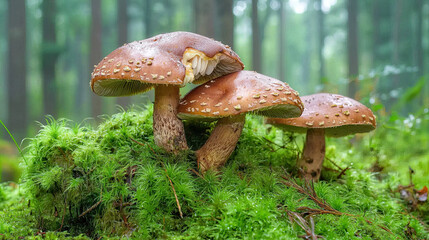 Mushrooms Growing in Green Moss-Covered Forest - Natural Woodland Scene, Fungi Cluster in Lush Moss, Serene Forest Floor, Organic Growth, Peaceful Nature Setting