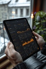 Person analyzing financial data on a tablet in a cozy indoor setting with snowy window view.