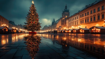Fototapeta premium A festive Christmas tree in Krakow's Main Market Square, standing tall next to the illuminated Cloth Hall, capturing the magic of the holiday season in this historic city.
