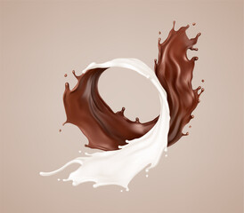 Milk and chocolate splash. Melted brown choco and milky waves with drops. Realistic vector illustration