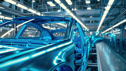 Fototapeta premium Blue car frame on the production line in a factory