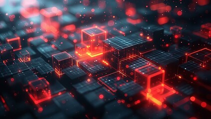 Red and black background with red glowing squares and lines, futuristic tech 