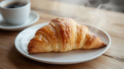 A freshly baked croissant with a crispy, layered texture on a white plate, placed on a wooden table with a steaming cup of coffee nearby.