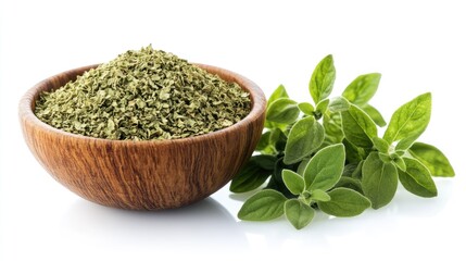 A front view of dried oregano flakes in a wooden bowl, with fresh oregano leaves laid out beside it, against a pure white background.