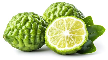 Fototapeta premium A green bergamot fruit cut in half, showing its vibrant interior, isolated on a white background with copy space.