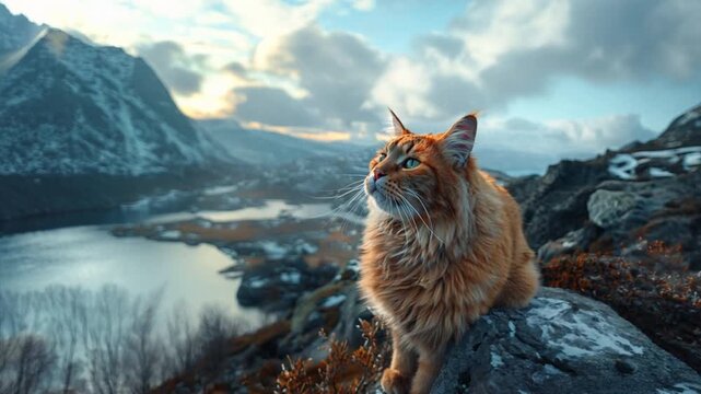 Majestic Feline Conquers Mountain Peak: A majestic Maine Coon perches atop a rugged mountain peak, its fiery fur aglow in the golden light of sunset, overlooking a breathtaking vista of snow-capped pe
