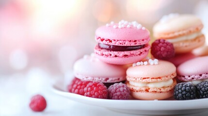 A plate of colorful macarons filled with berry cream, set against a blurred background, creating a dreamy and elegant dessert scene.