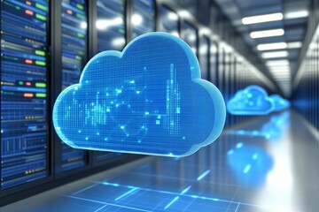 Digital cloud icon floating in a high tech server room symbolizing the integration of cloud computing in modern data management systems