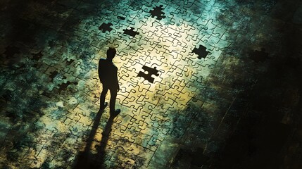 A figure attempting to solve an intricate puzzle with missing pieces, focused light casting shadows on the puzzle, detailed and complex visual style, mood of frustration and incomplete solutions