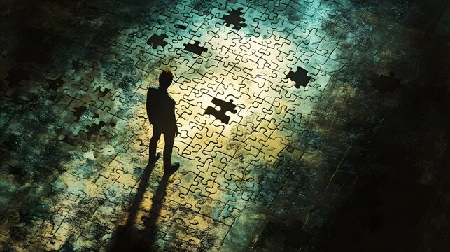 A figure attempting to solve an intricate puzzle with missing pieces, focused light casting shadows on the puzzle, detailed and complex visual style, mood of frustration and incomplete solutions