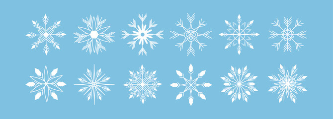 Set of white snowflakes in line art style. Line. Xmas. Sparks and glows. Shapes and elements. Ornament and decoration  Glitter. Clip art winter. New Year. Holiday. Stroke. Retro 90s design. December