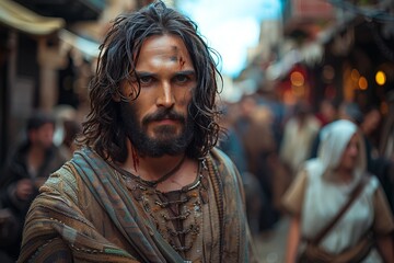 Obraz premium Jesus walking down the street the city, people on both sides watching him. Jesus is wearing his traditional robe and has long hair like in the bible