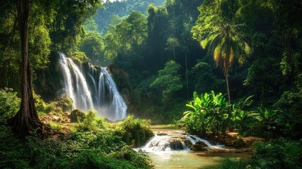 Verdant Splendor: The lush vegetation and multi-tiered Kuang Si Waterfall in Luang Prabang Province, Laos. A verdant paradise in the heart of nature.