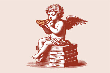 Cute little angel baby Cupid eats pizza. Vintage vector engraved pizzeria emblem,  print