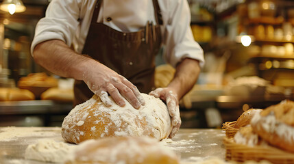 Baker kneading dough in bakery artisan bread preparation traditional baking process culinary craftsmanship food industry