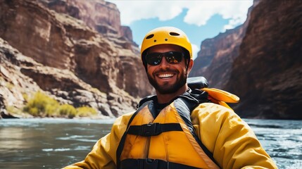 A man in a yellow helmet and sunglasses smiles while rafting down a river