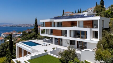 Sleek white stone townhouses featuring large windows and solar panels, surrounded by vibrant greenery and designed for natural light and modern living