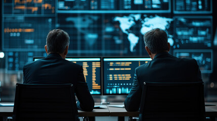 Two professionals analyze data on monitors, showcasing teamwork and advanced technology in a modern office environment.
