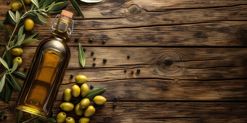 a fat oval-shaped olive oil bottle on a wooden table. 