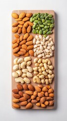 A variety of nuts and seeds neatly arranged on a wooden board, emphasizing the simplicity and nutritional value of natural snacks