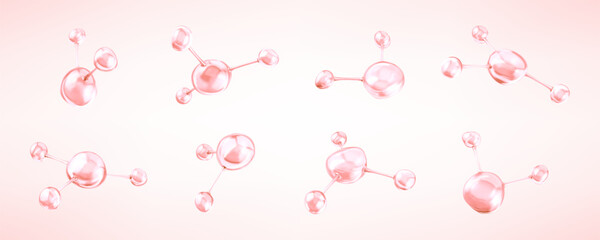 Pink molecules with biological and chemical concept. Collagen or serum molecules. Сoncept skin care cosmetics solution. Vector 3d illustration