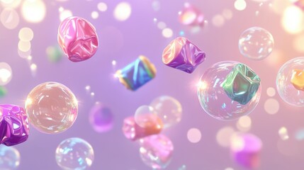 A whimsical scene featuring colorful bubbles and shiny, crumpled candy-like shapes.