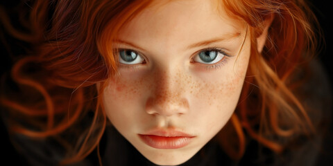 Fototapeta premium a young girl with red hair, freckles, and intense blue eyes