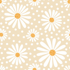 Chamomile seamless pattern with dots. Hand drawn doodle white daisy flowers scattered on beige background. Sweet floral backdrop great for baby apparel, fabric and textiles