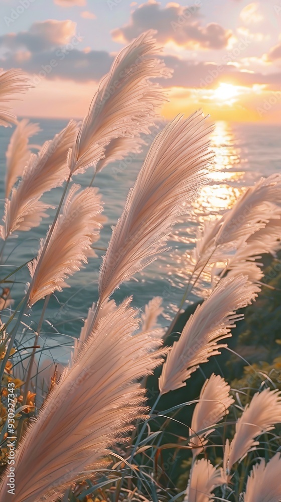 Aufkleber pampas grass dances softly in the breeze as the sun sets over the tranquil ocean, casting a warm glo