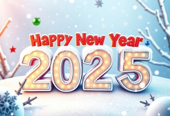Fun, whimsical elements with bright colors and a sense of joy and creativity, text 'Happy New Year 2025' in block letters made of ice, with snowflakes gently falling around it in a winter scene, ai