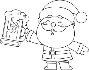 Outlined Cute Santa Claus Cartoon Character Holding A Beer Glass. Vector Hand Drawn Illustration Isolated On Transparent Background