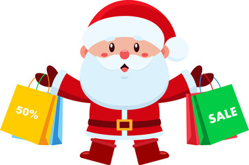 Cute Santa Claus Cartoon Character Carrying Shopping Bags With Text Sale. Vector Illustration Flat Design Isolated On Transparent Background