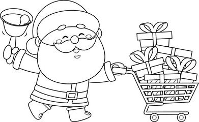 Outlined Cute Santa Claus Cartoon Character Pushing Shopping Cart Full Of Gifts And Ringing A Bell. Vector Hand Drawn Illustration Isolated On Transparent Background