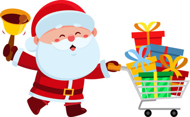 Cute Santa Claus Cartoon Character Pushing Shopping Cart Full Of Gifts And Ringing A Bell. Vector Illustration Flat Design Isolated On Transparent Background