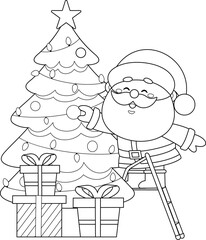 Outlined Cute Santa Claus Cartoon Character Decorates A Christmas Tree. Vector Hand Drawn Illustration Isolated On Transparent Background