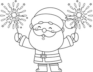 Outlined Cute Santa Claus Cartoon Character Holding A Sparklers. Vector Hand Drawn Illustration Isolated On Transparent Background