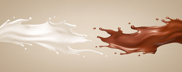 Milk and chocolate splash. Milkshake and melted brown choco. Realistic vector illustration