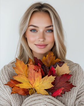A woman holding a bunch of autumn leaves in her hands