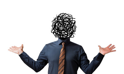 Anxiety, overthinking, chaos and depression concept. Businessman with confusion and chaos in his...