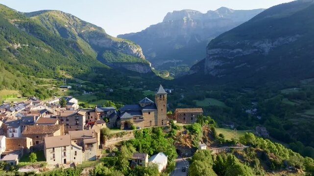 Spanish Pyrenees drone view, mountains in Spain, hiking and tourism in Ordesa and Monte Perdido National Park, Pyrenees, hiking in Spain