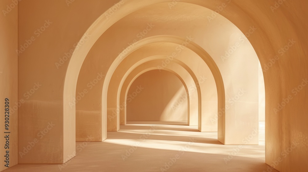 Poster soft light fills the spacious area, illuminating the elegant, curved lines of the peachy beige arche
