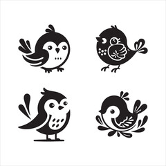 Adorable Bird Vector Silhouettes, Cute Bird Art Illustrations Set