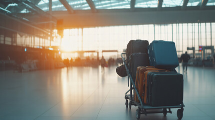 A luggage cart filled with suitcases in an airport terminal with a sunrise in the background, reflecting travel and adventure.