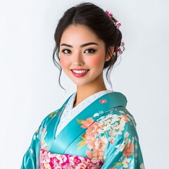 Fototapeta premium A woman in a blue kimono with a flower in her hair