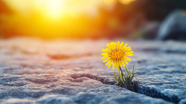 flower growing on crack street, hope concept, Never give up! Symbol for many things in life: Persistence, determination, survival, hope, resilience, strength, winning, force of nature.