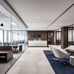 Fototapeta premium Modern Office Interior Design: Stylish Room Furniture Ideas with Desk and Chair Setup