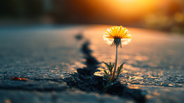 flower growing on crack street, hope concept, Never give up! Symbol for many things in life: Persistence, determination, survival, hope, resilience, strength, winning, force of nature.
